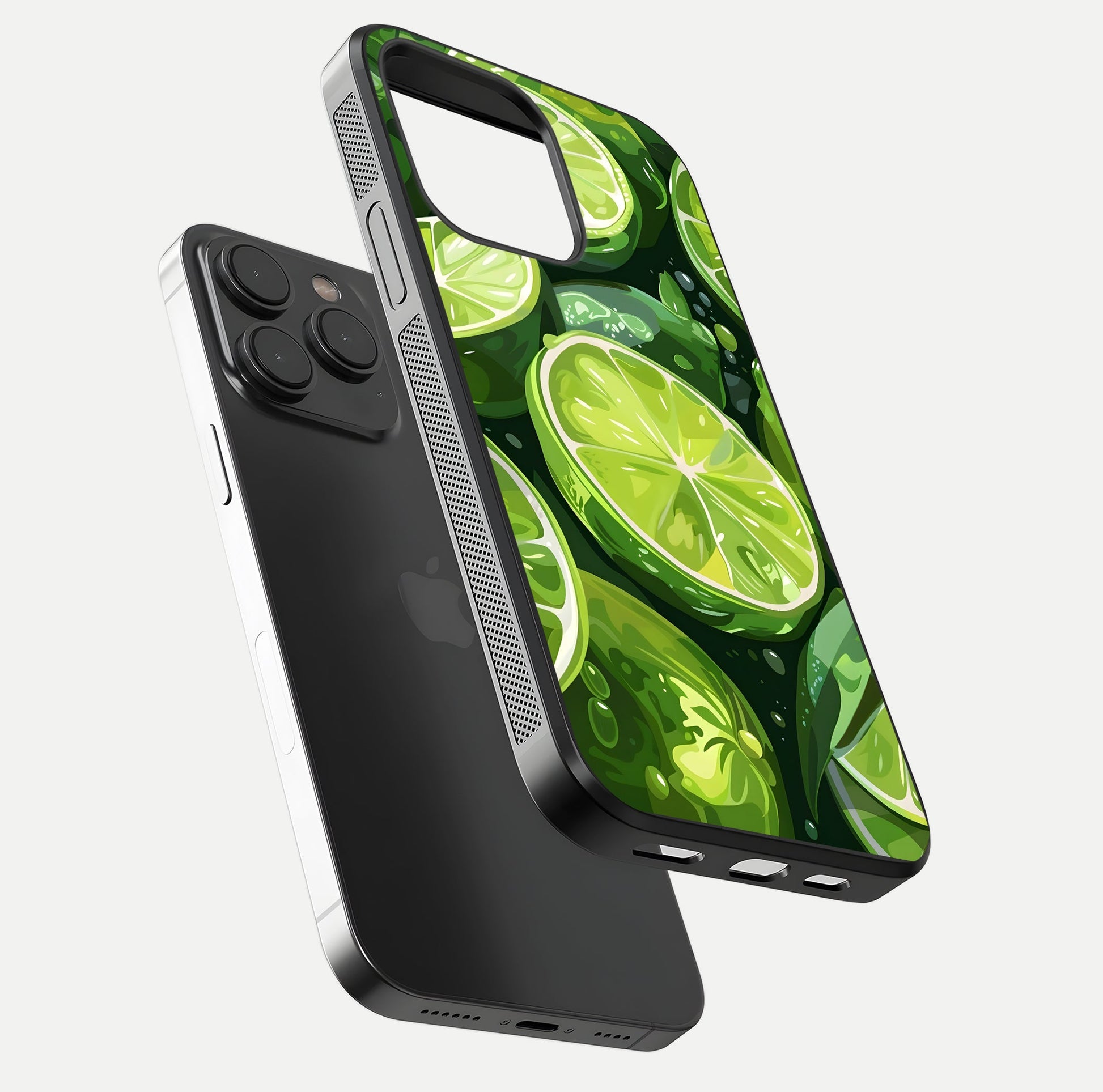 Green Lemon Glass Case for iPhone 15 Pro floating dual-view mockup showing glossy surface and fruity freshness