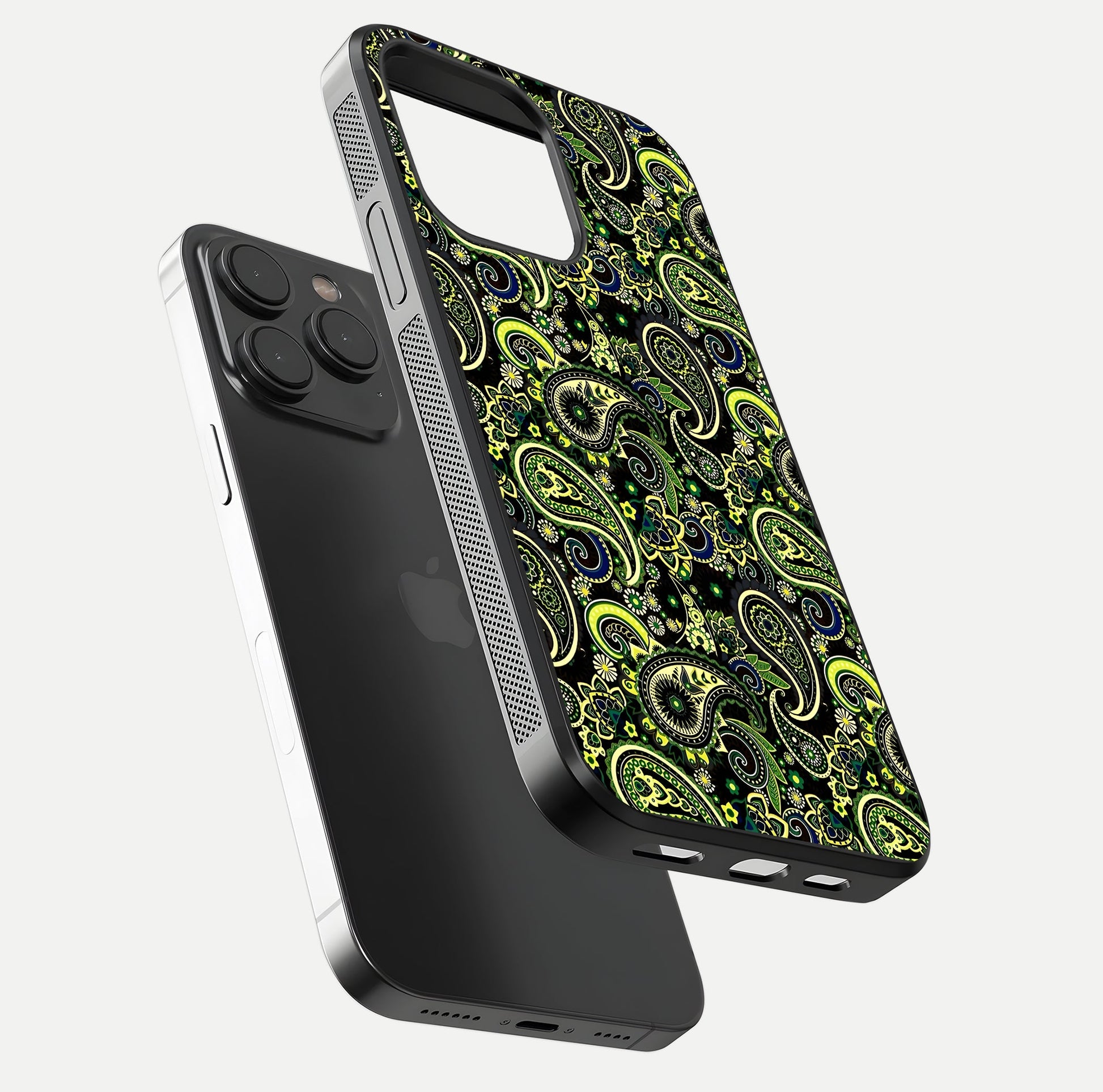 Green Mandala Pattern Glass Case for iPhone 15 Pro floating dual-view mockup showing gloss texture and symmetry shine