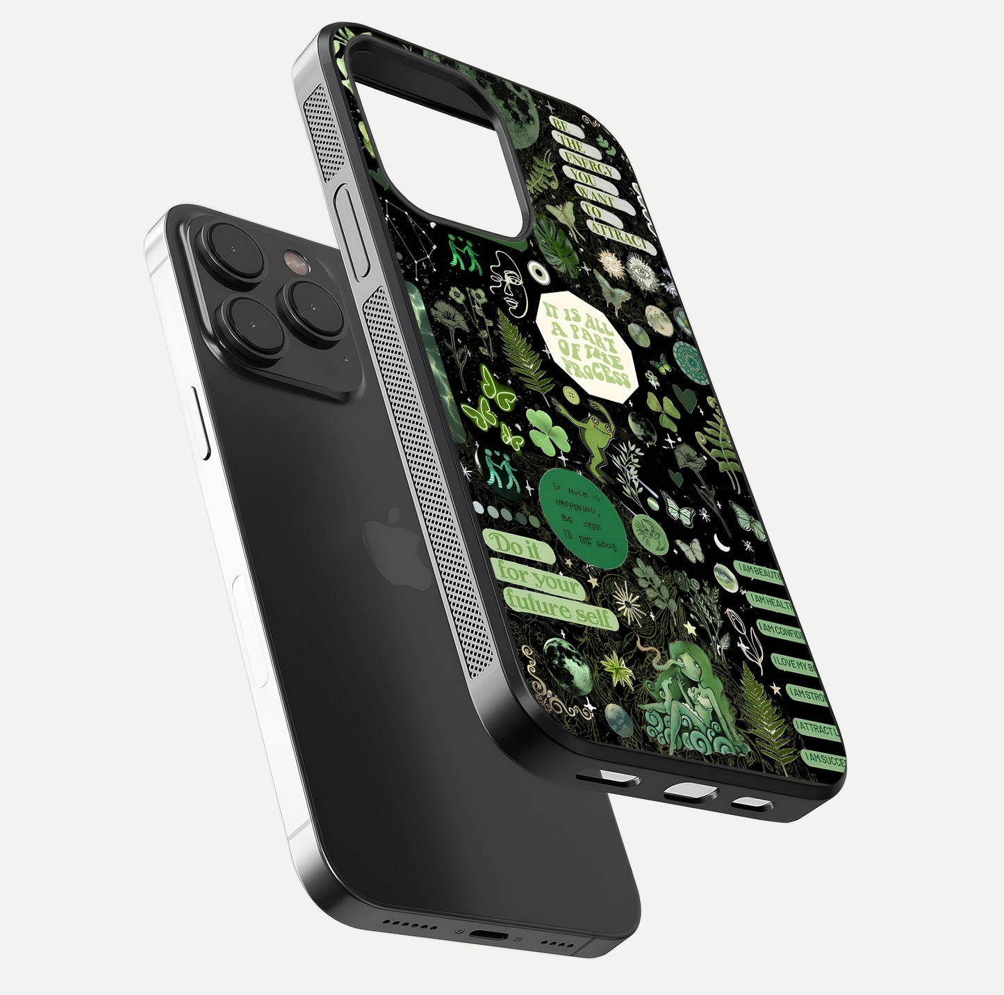 Green Moon Energy Glass Case for iPhone 15 Pro floating dual-view mockup showing glossy texture and energy aura