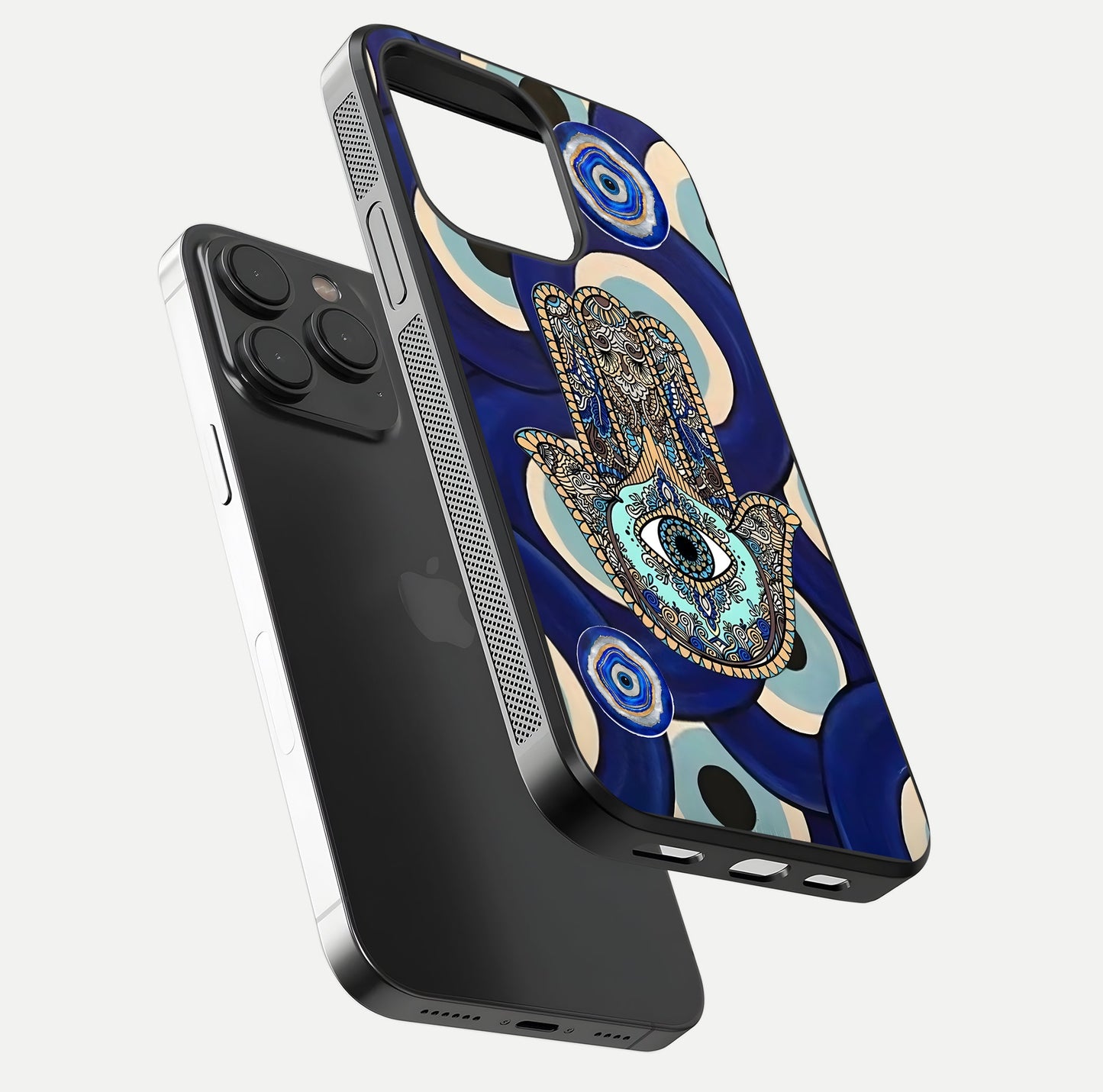 Hamsa Divine Guard Glass Case for iPhone 15 Pro floating dual-view mockup showing gloss shine and mystical pattern