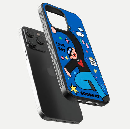 Happy Luck Vibe Glass Case for iPhone 15 Pro floating dual-view mockup showing glossy tone and bright finish