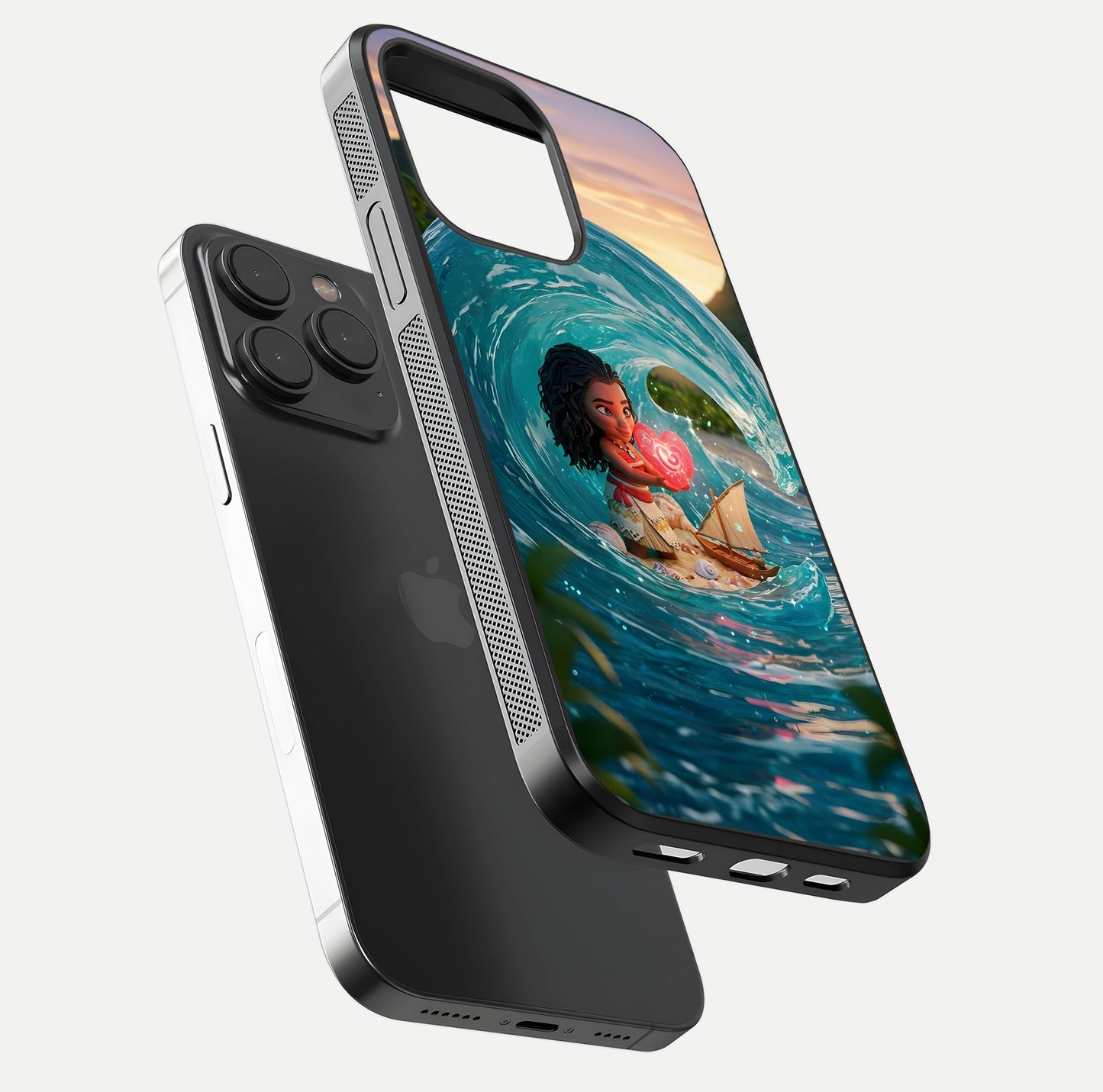 Heart of Ocean Glass Case for iPhone 15 Pro floating dual-view mockup showing gloss surface and aquatic design