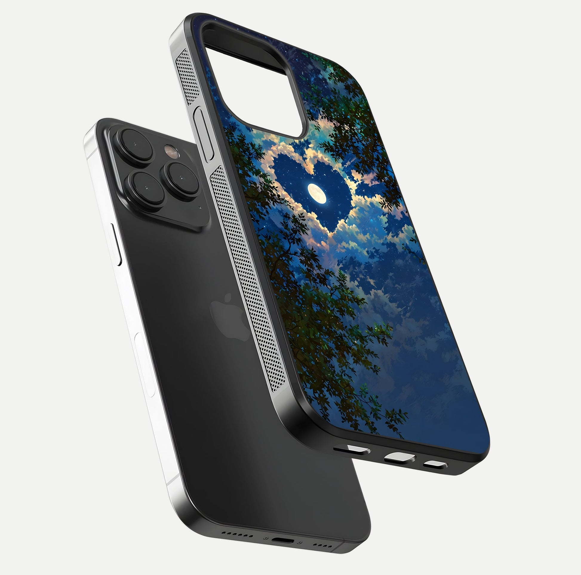 Heart with Moon Sky Glass Case for iPhone 15 Pro floating dual-view mockup showing gloss texture and romantic sky glow