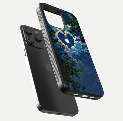 Heart with Moon Sky Glass Case for iPhone 15 Pro floating dual-view mockup showing gloss texture and romantic sky glow