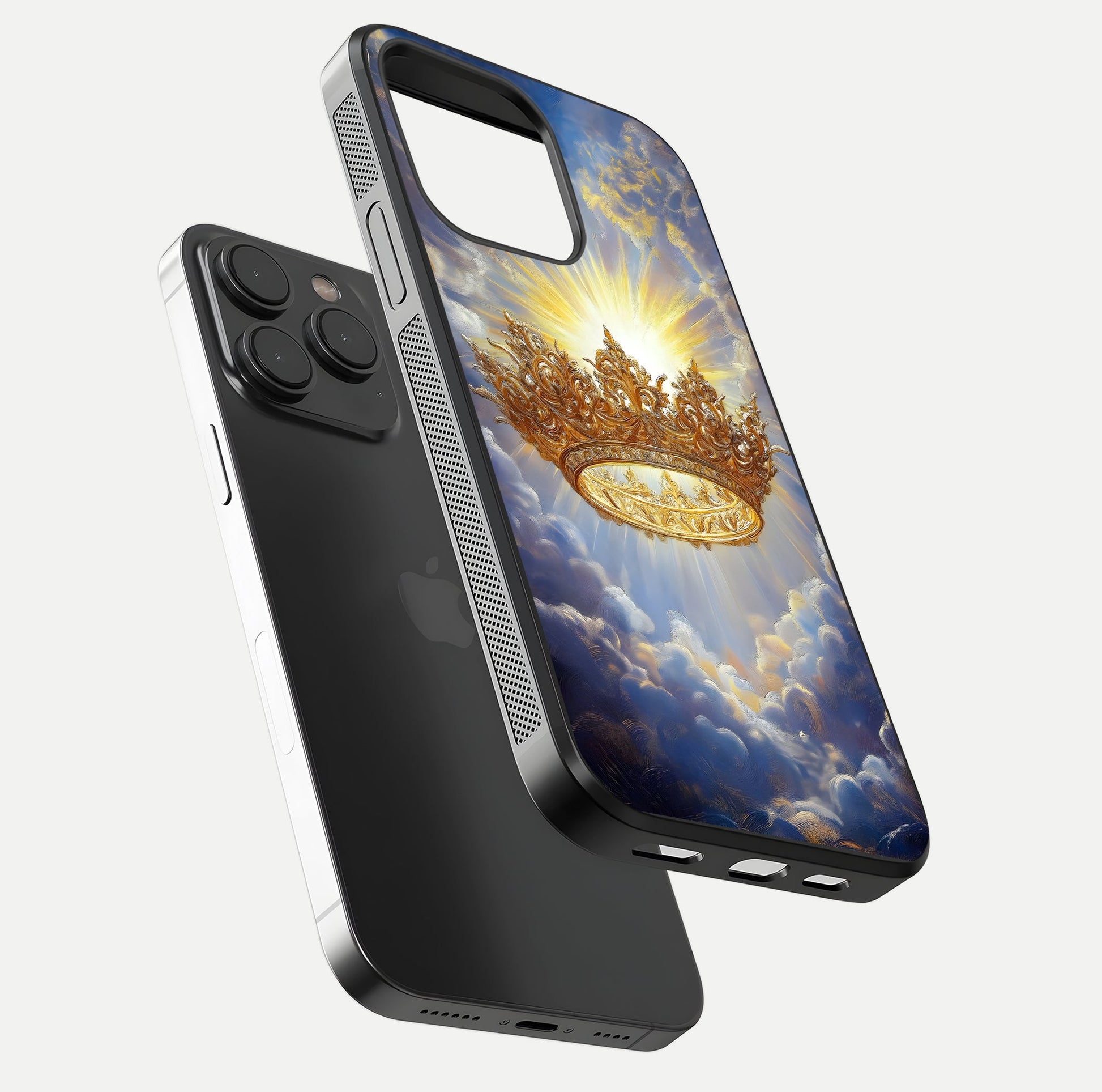 Heavenly Crown Light Glass Case for iPhone 15 Pro floating dual-view mockup showing gloss shine and luminous crown texture