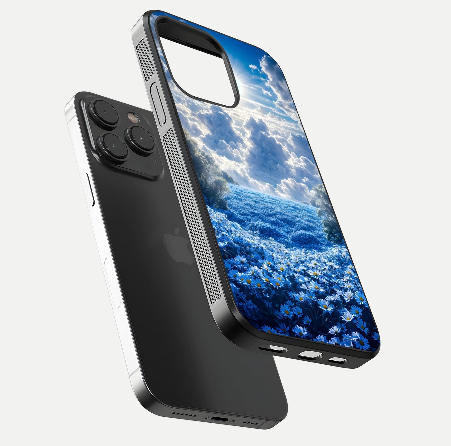 Heavenly Daisy Horizon Glass Case for iPhone 15 Pro floating dual-view mockup showing gloss polish and soft pastel background