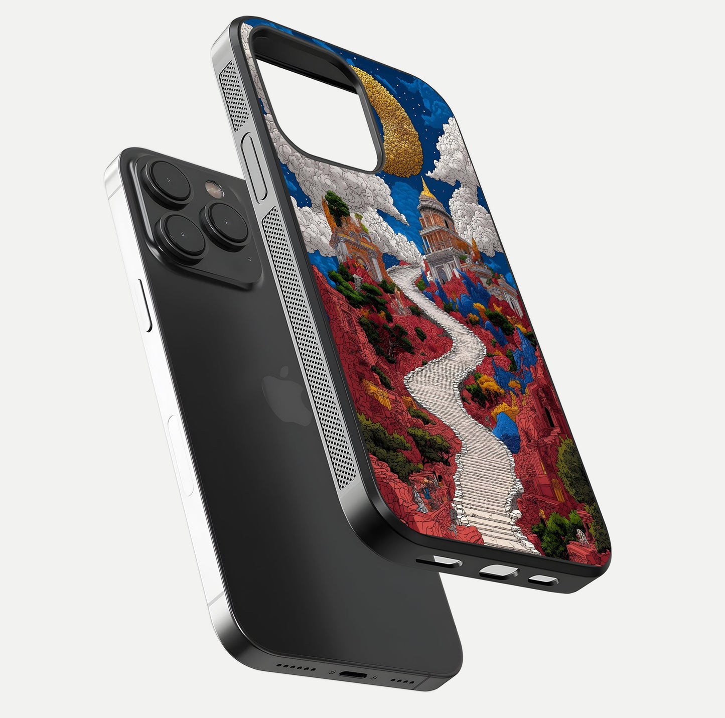 Heavenly Moon Path Glass Case for iPhone 15 Pro floating dual-view mockup showing gloss surface and celestial pathway