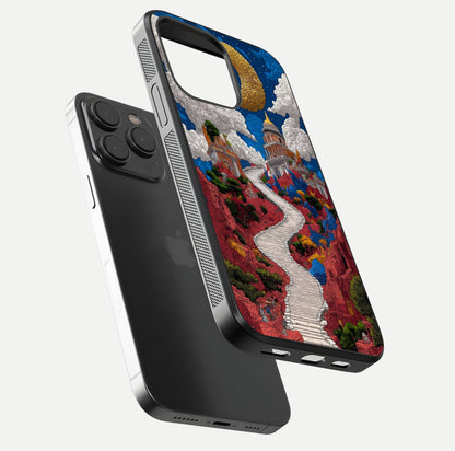 Heavenly Moon Path Glass Case for iPhone 15 Pro floating dual-view mockup showing gloss surface and celestial pathway