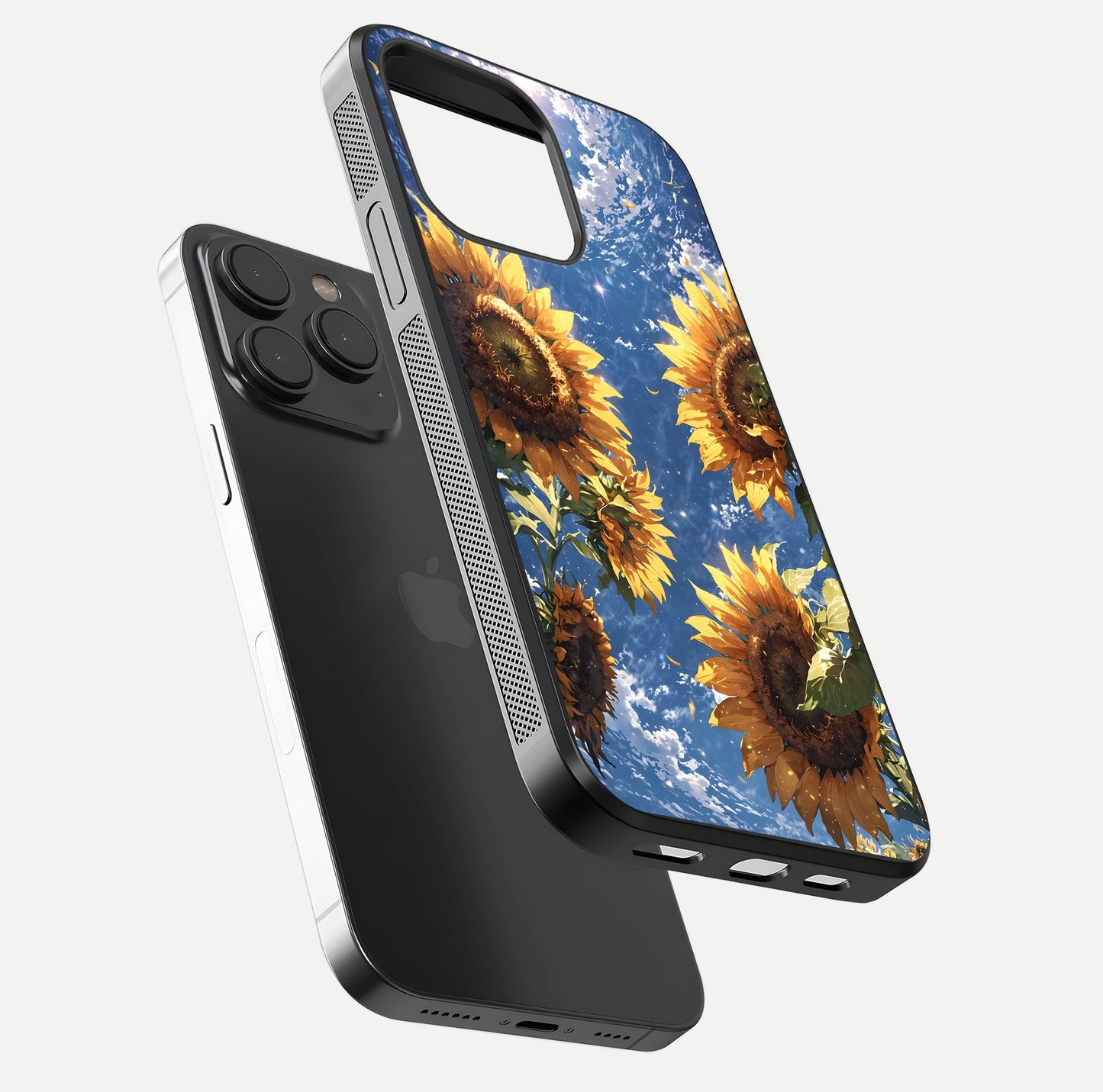 Heavenly Sunflower Rise Glass Case for iPhone 15 Pro floating dual-view mockup showing gloss brightness and morning-light feel