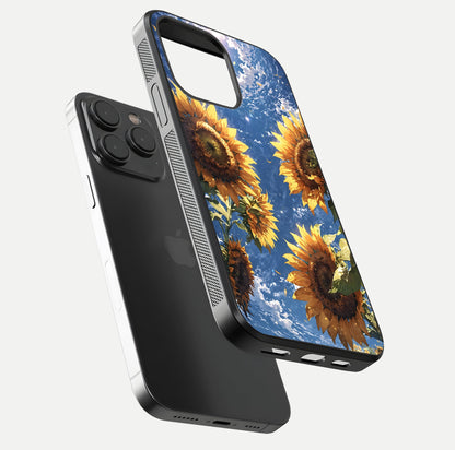 Heavenly Sunflower Rise Glass Case for iPhone 15 Pro floating dual-view mockup showing gloss brightness and morning-light feel