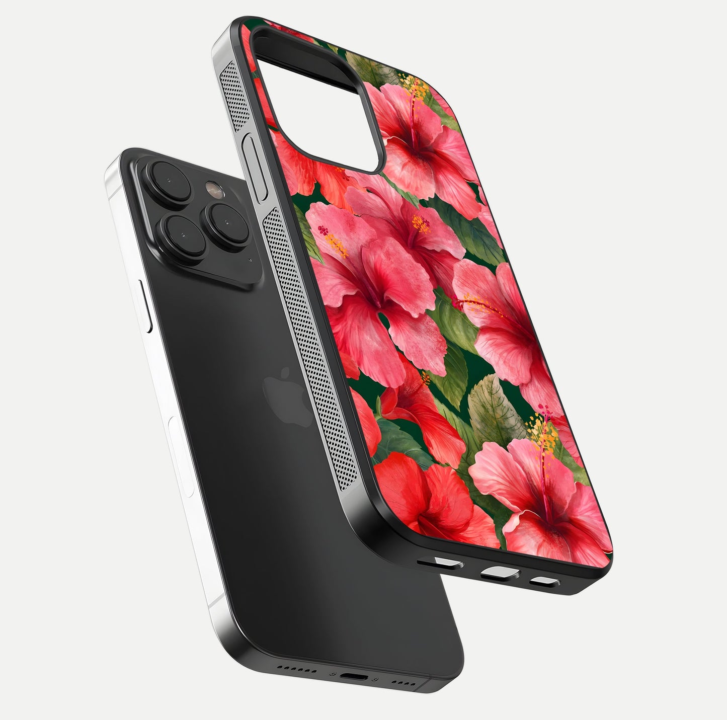 Hibiscus Pattern Glass Case for iPhone 15 Pro floating dual-view mockup showing glossy texture and vivid color depth