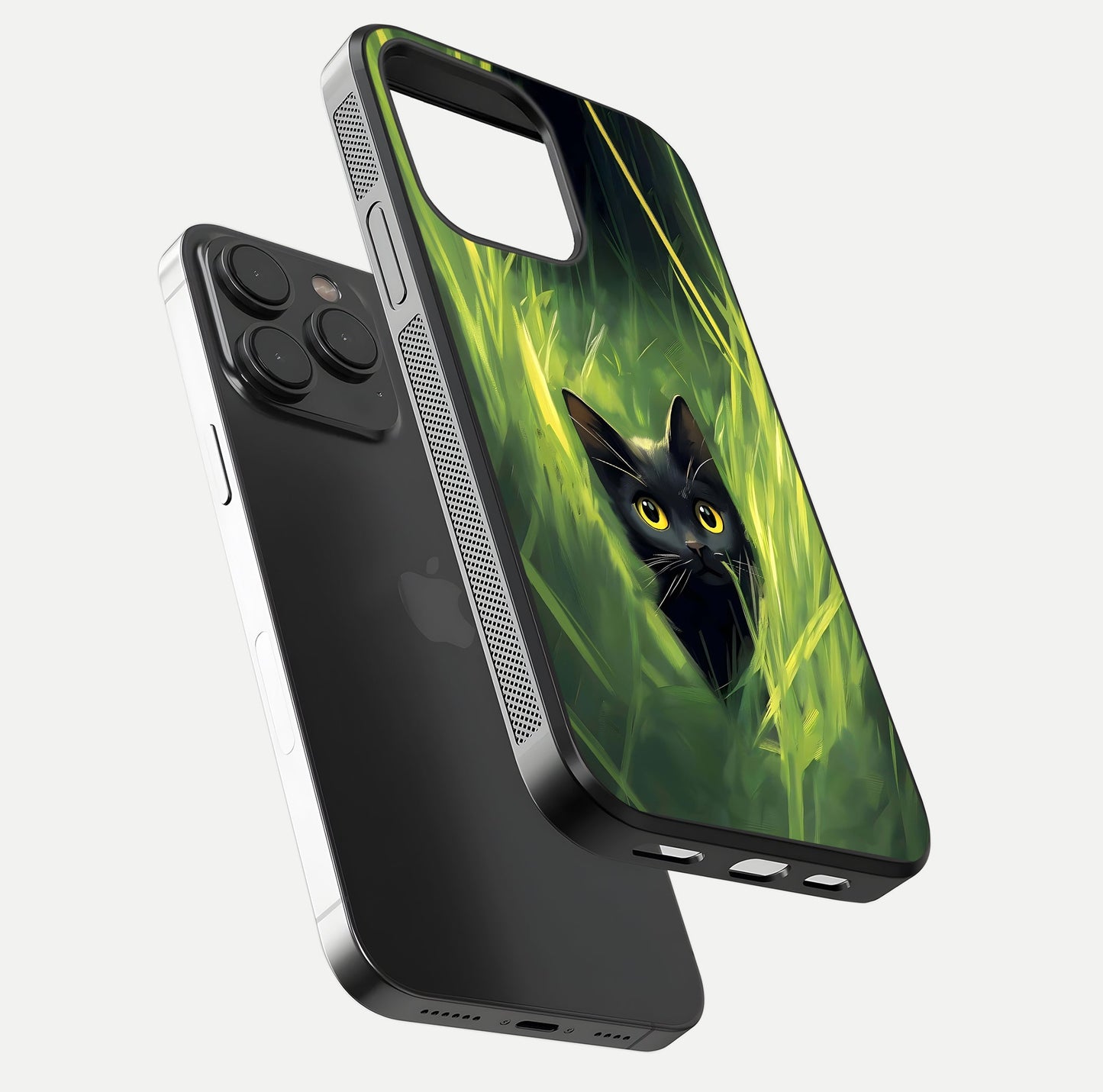 Hidden Cat Whisper Glass Case for iPhone 15 Pro floating dual-view mockup showing glossy tone and elegant cat silhouette