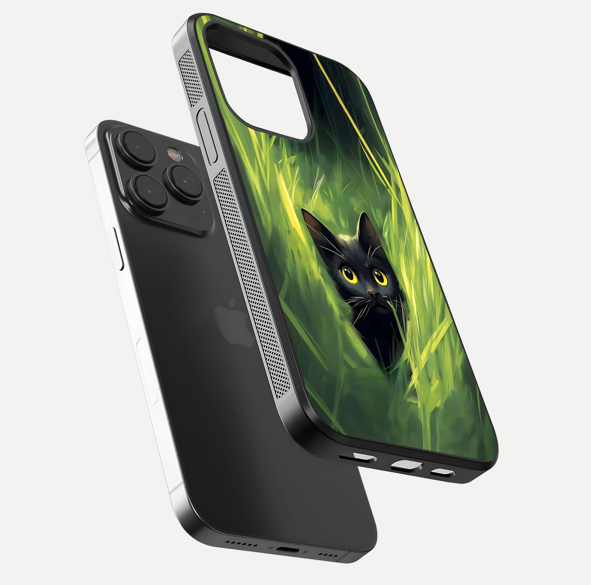 Hidden Cat Whisper Glass Case for iPhone 15 Pro floating dual-view mockup showing glossy tone and elegant cat silhouette