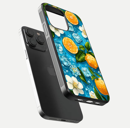 Ice Cube With Orange Glass Case for iPhone 15 Pro floating dual-view mockup showing glossy shine and cool refreshing tone