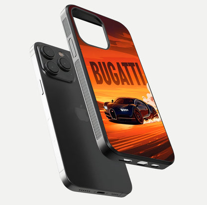 Inferno Bugatti Storm Glass Case for iPhone 15 Pro floating dual-view mockup showing gloss surface and racing energy