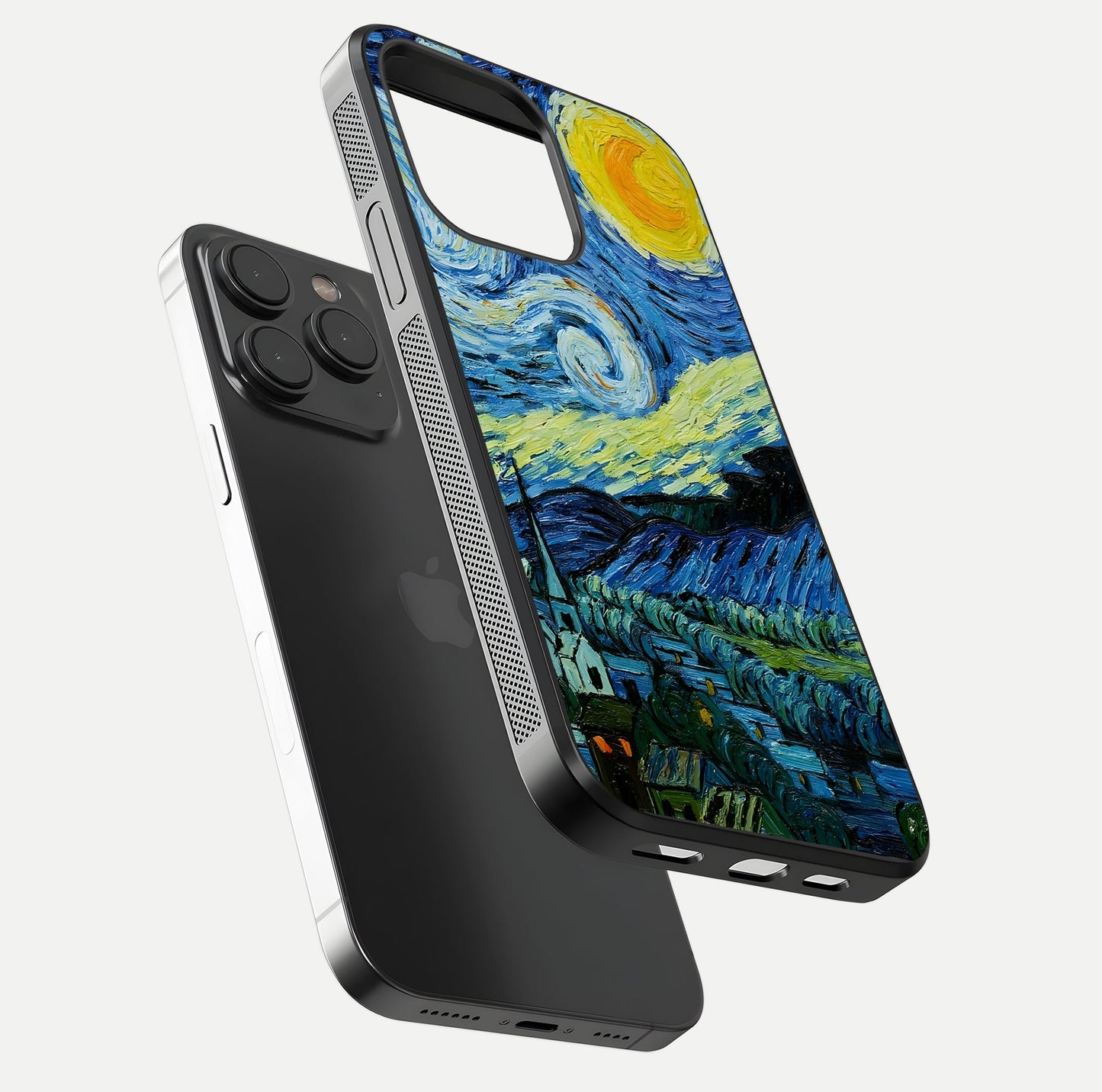 Inspired Van Gogh Art Glass Case for iPhone 15 Pro floating dual-view mockup showing gloss depth and artistic reflection