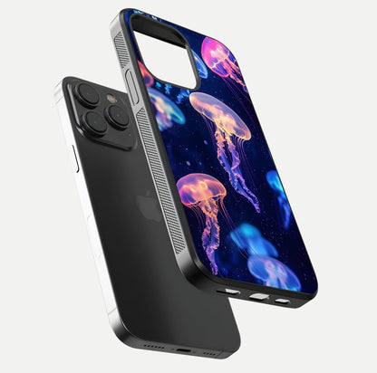 Jellyfish Pattern Glass Case for iPhone 15 Pro floating dual-view mockup showing gloss texture and oceanic depth