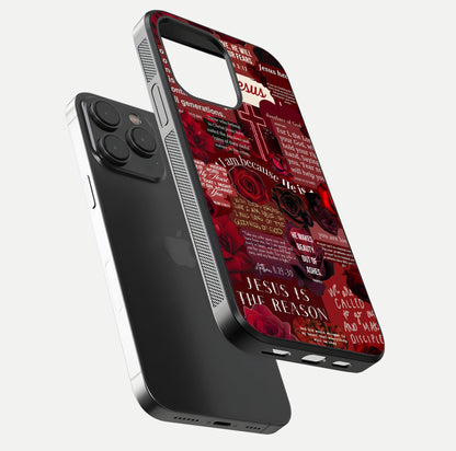 Jesus Love Heals Glass Case for iPhone 15 Pro floating dual-view mockup showing glossy shine and faith-inspired art