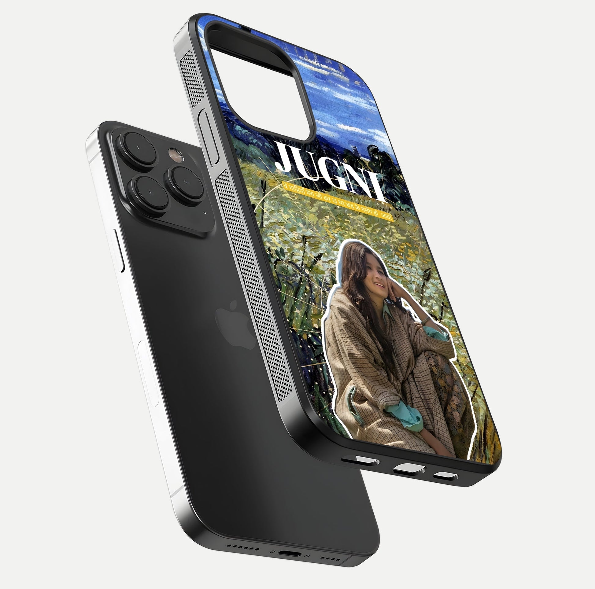 Jugni Soul Vibes Glass Case for iPhone 15 Pro floating dual-view mockup showing gloss surface and vivid design style