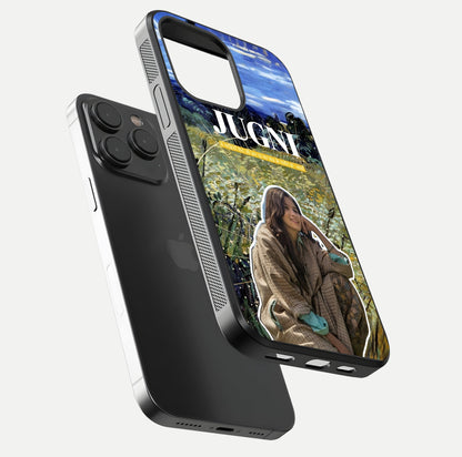 Jugni Soul Vibes Glass Case for iPhone 15 Pro floating dual-view mockup showing gloss surface and vivid design style