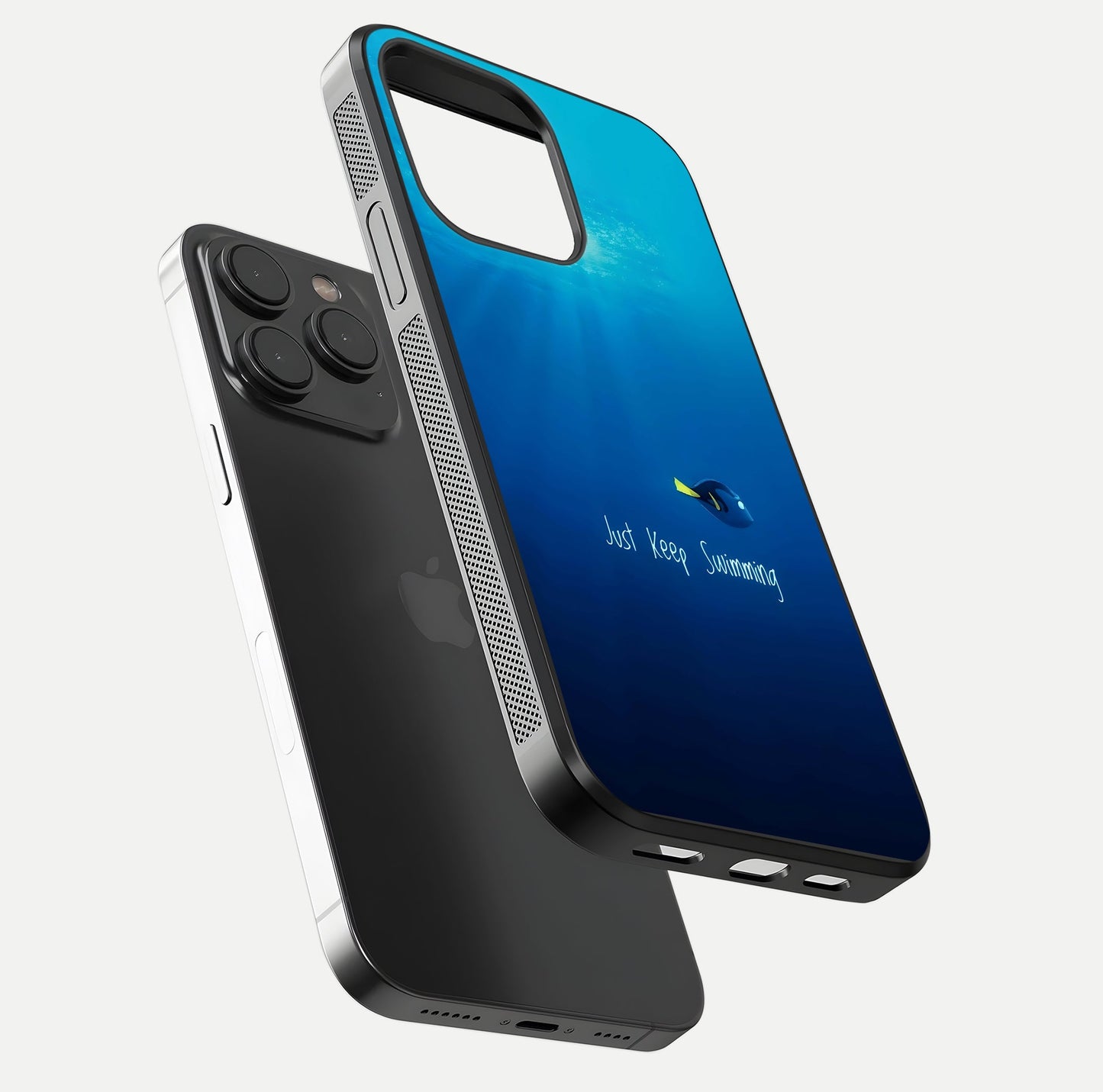 Just Keep Swimming Glass Case for iPhone 15 Pro floating dual-view mockup showing gloss brightness and wave motif