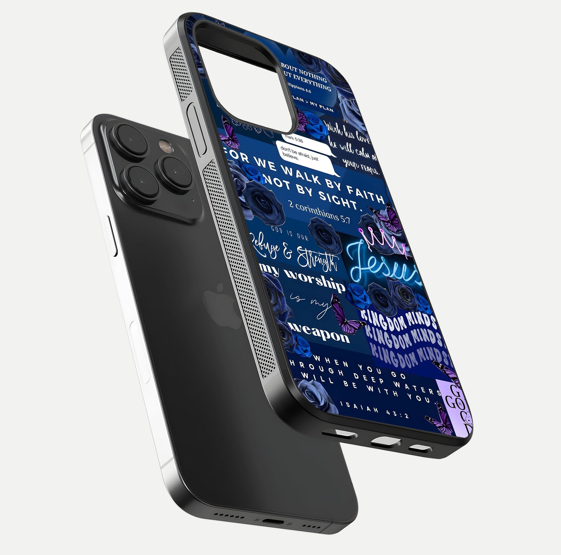 Kingdom Faith Glow Glass Case for iPhone 15 Pro floating dual-view mockup showing premium gloss and golden aura