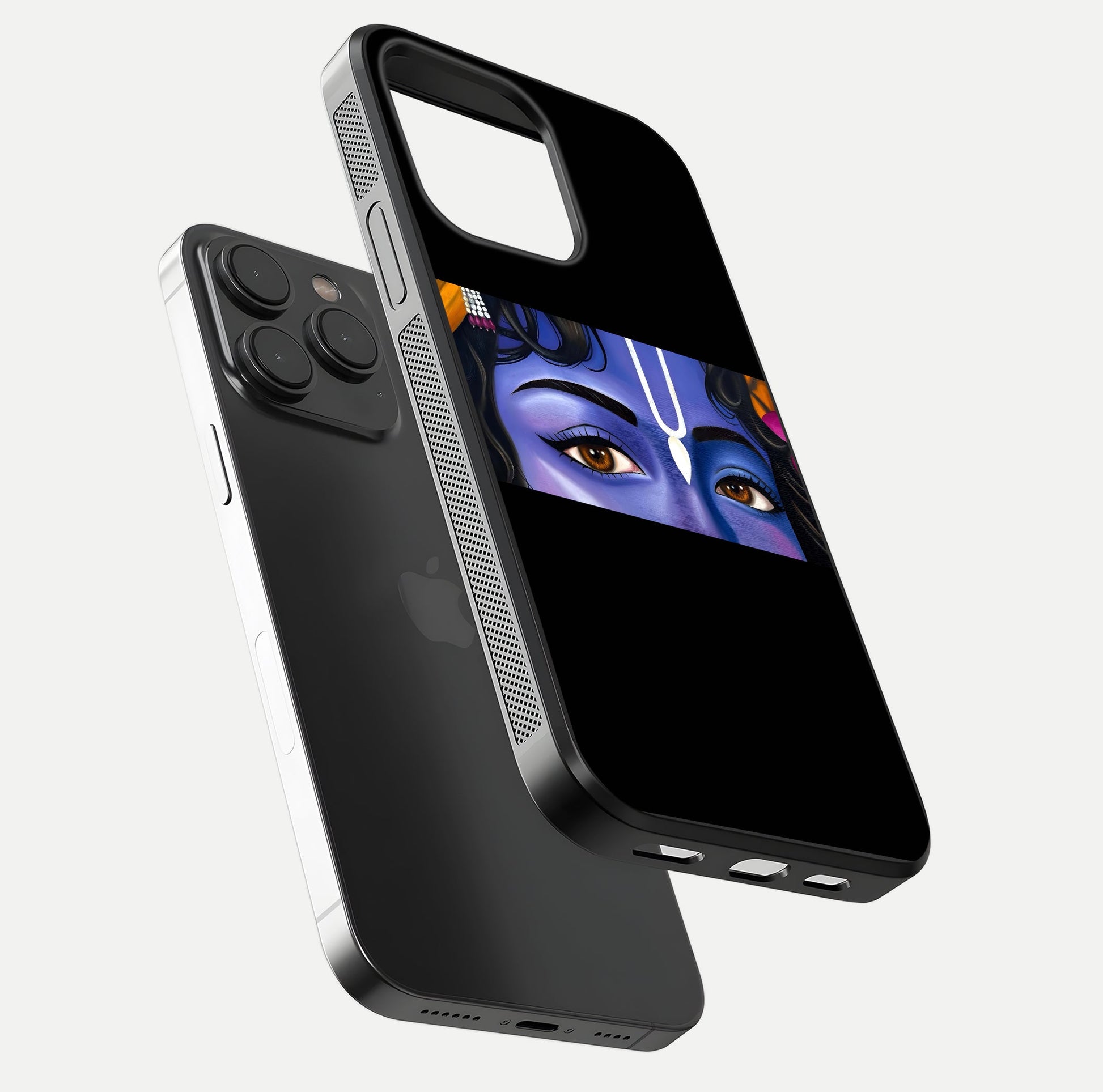 Krishna Eye Glass Case for iPhone 15 Pro floating dual-view mockup showing gloss surface and divine art depth