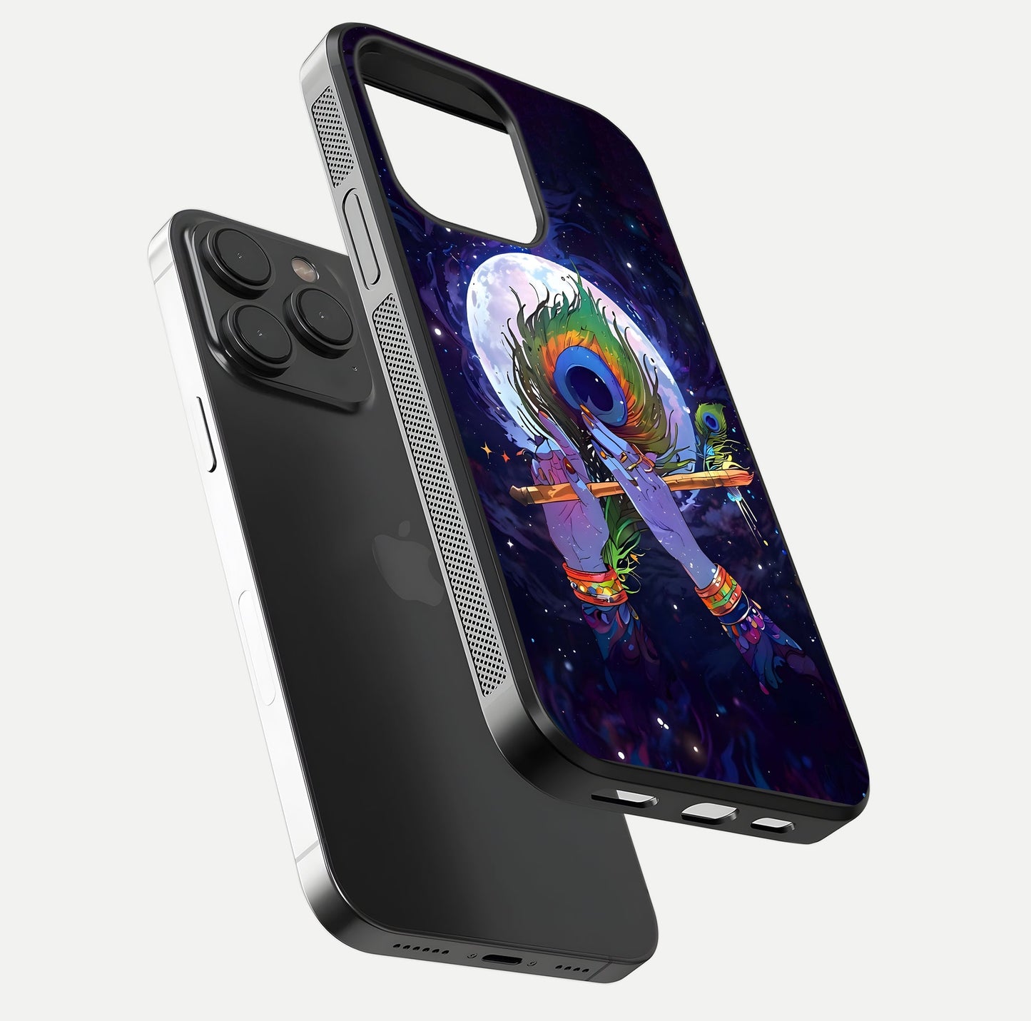 Krishna Hands Art Glass Case for iPhone 15 Pro floating dual-view mockup showing premium gloss reflection