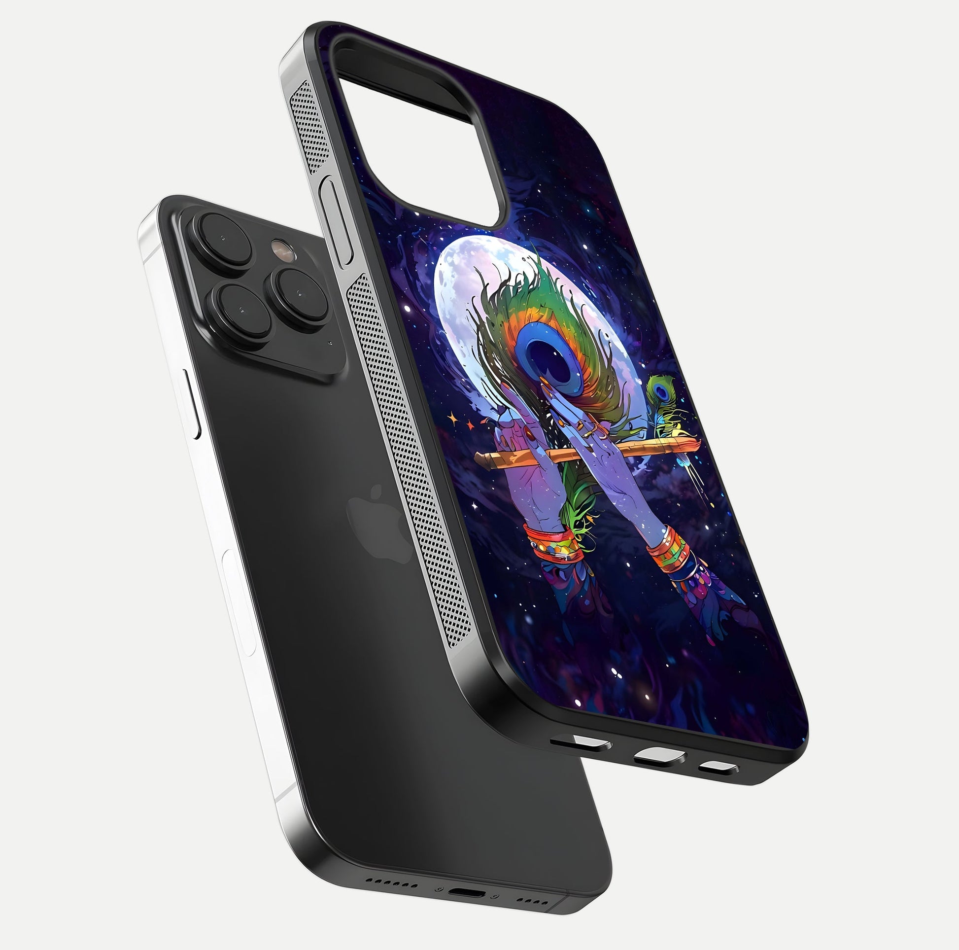 Krishna Hands Art Glass Case for iPhone 15 Pro floating dual-view mockup showing premium gloss reflection
