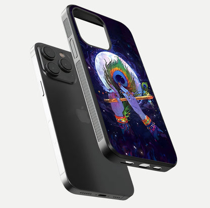Krishna Hands Art Glass Case for iPhone 15 Pro floating dual-view mockup showing premium gloss reflection