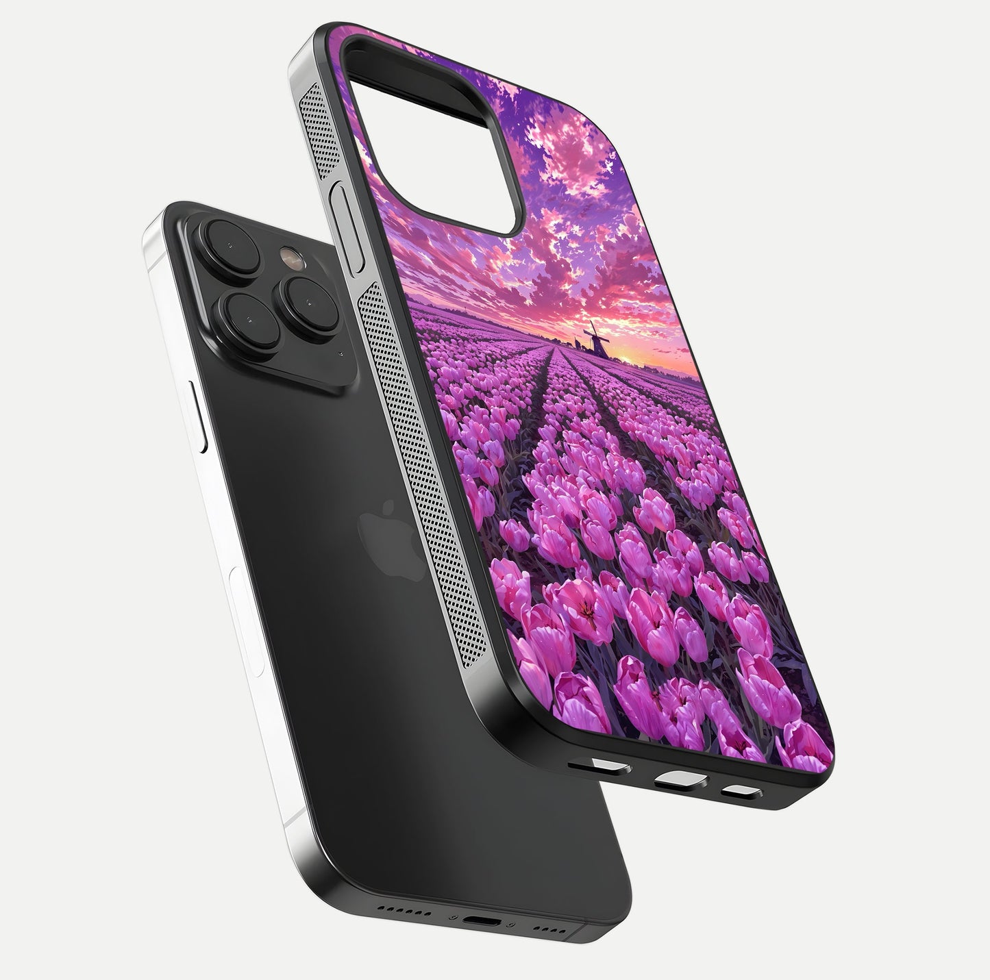 Lavender Dream Skies Glass Case for iPhone 15 Pro floating dual-view mockup showing gloss polish and pastel design