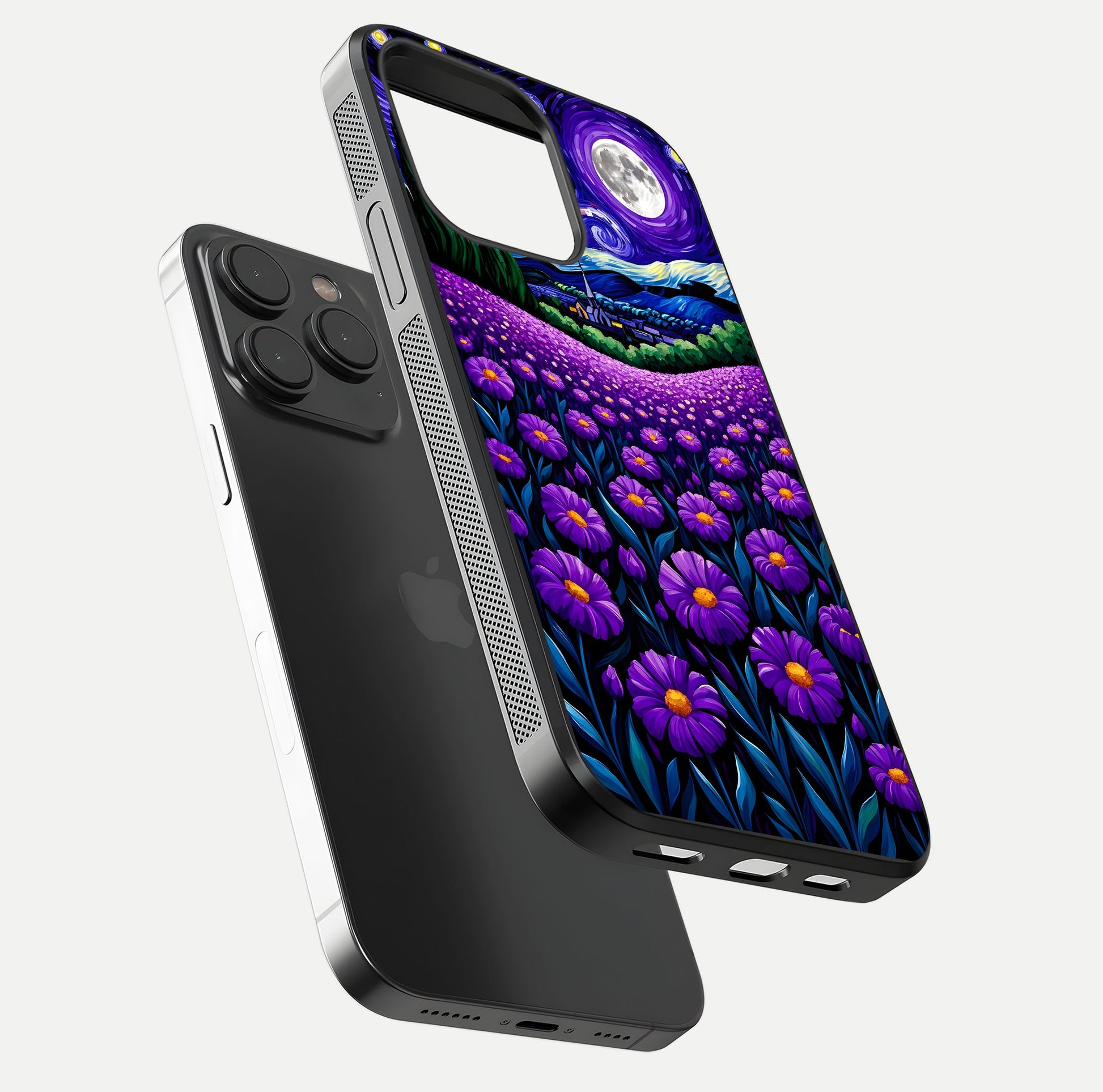 Lavender Moon Field Glass Case for iPhone 15 Pro floating dual-view mockup showing gloss surface and floral glow
