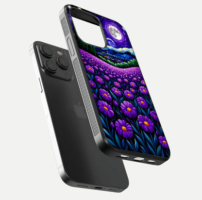 Lavender Moon Field Glass Case for iPhone 15 Pro floating dual-view mockup showing gloss surface and floral glow