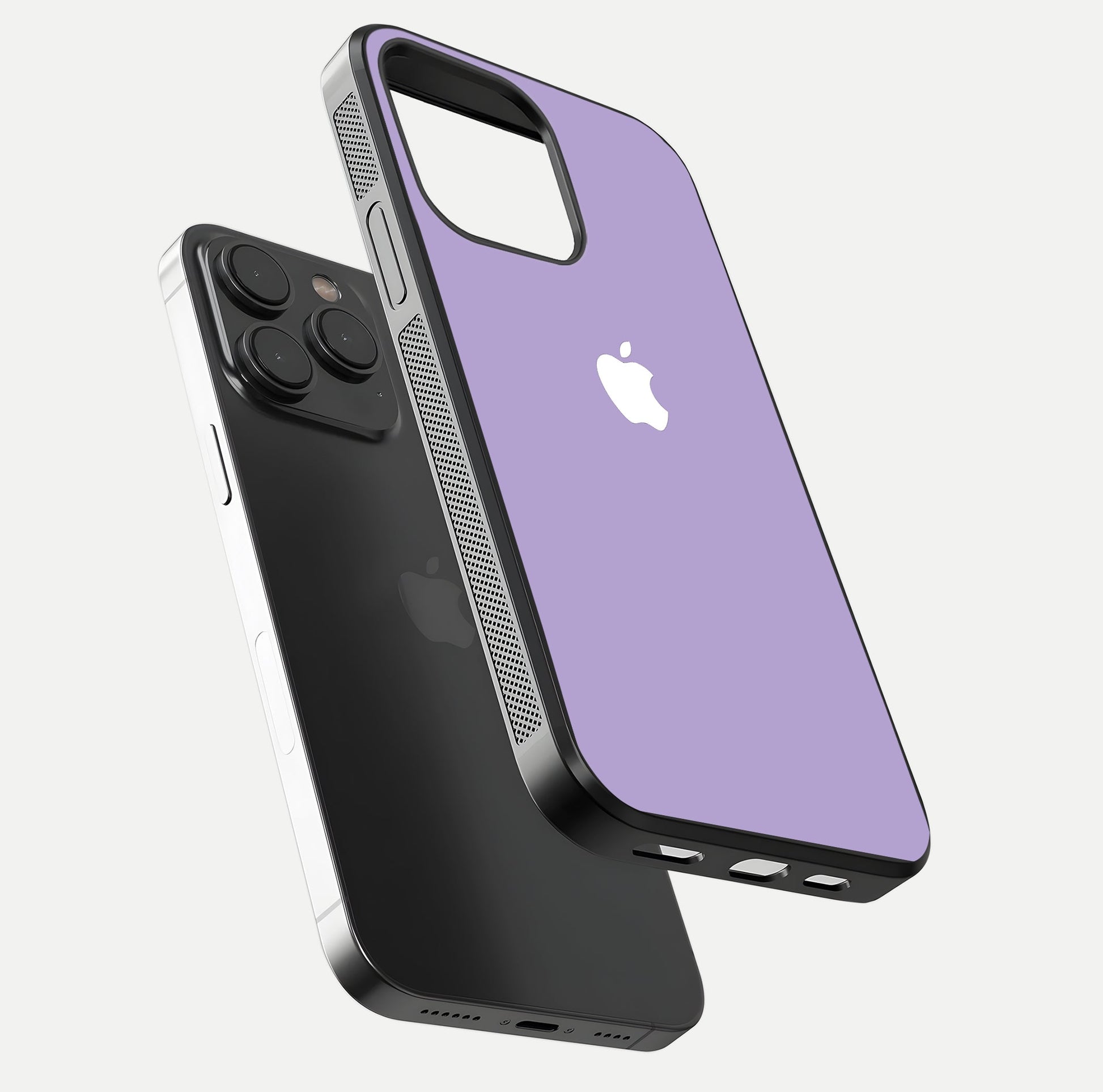 Lavender Soft Minimal Glass Case for iPhone 15 Pro floating dual-view mockup showing gloss reflection and pastel tone