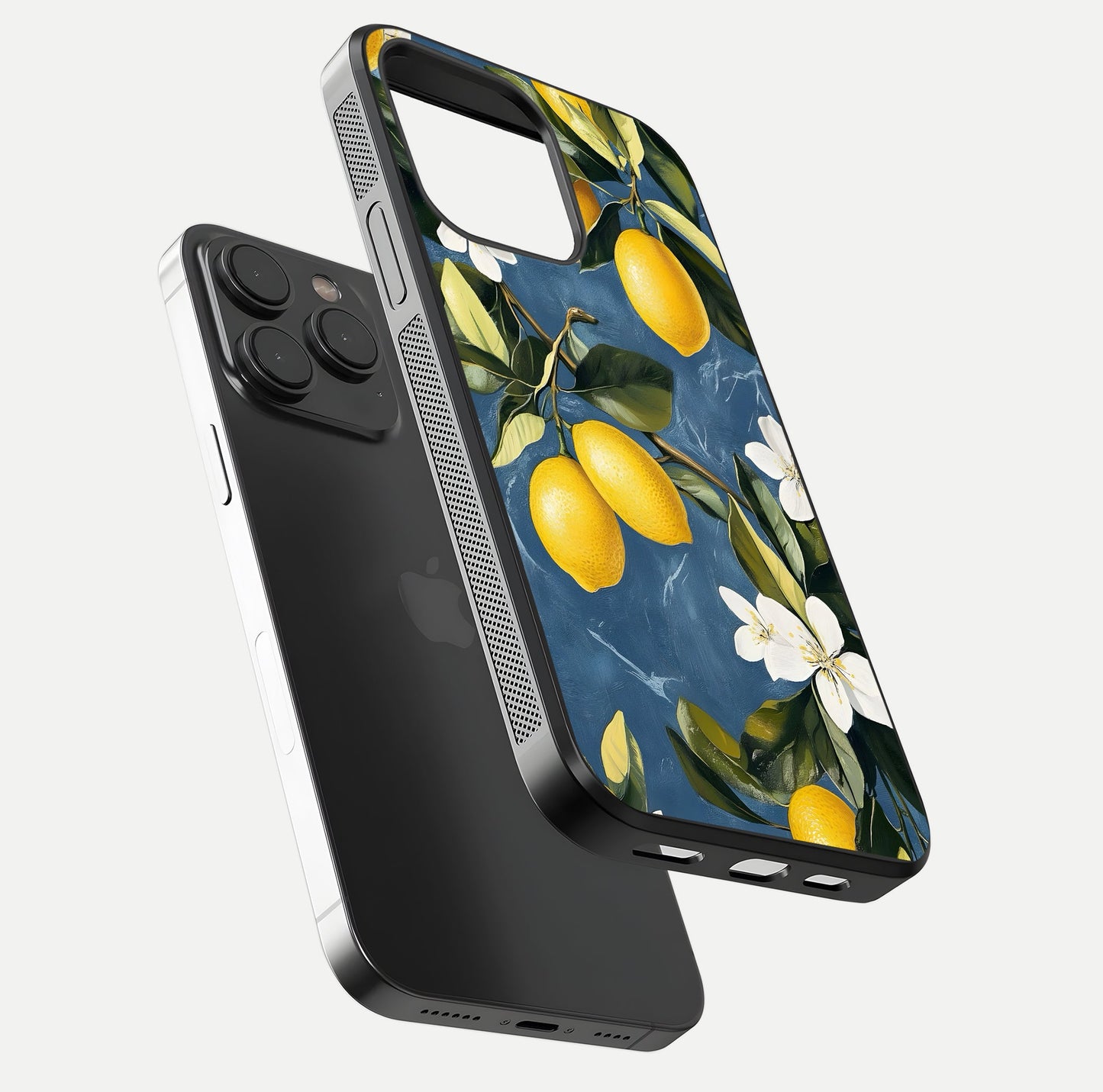 Lemon Dream Garden Glass Case for iPhone 15 Pro floating dual-view mockup showing gloss brightness and vivid yellow print