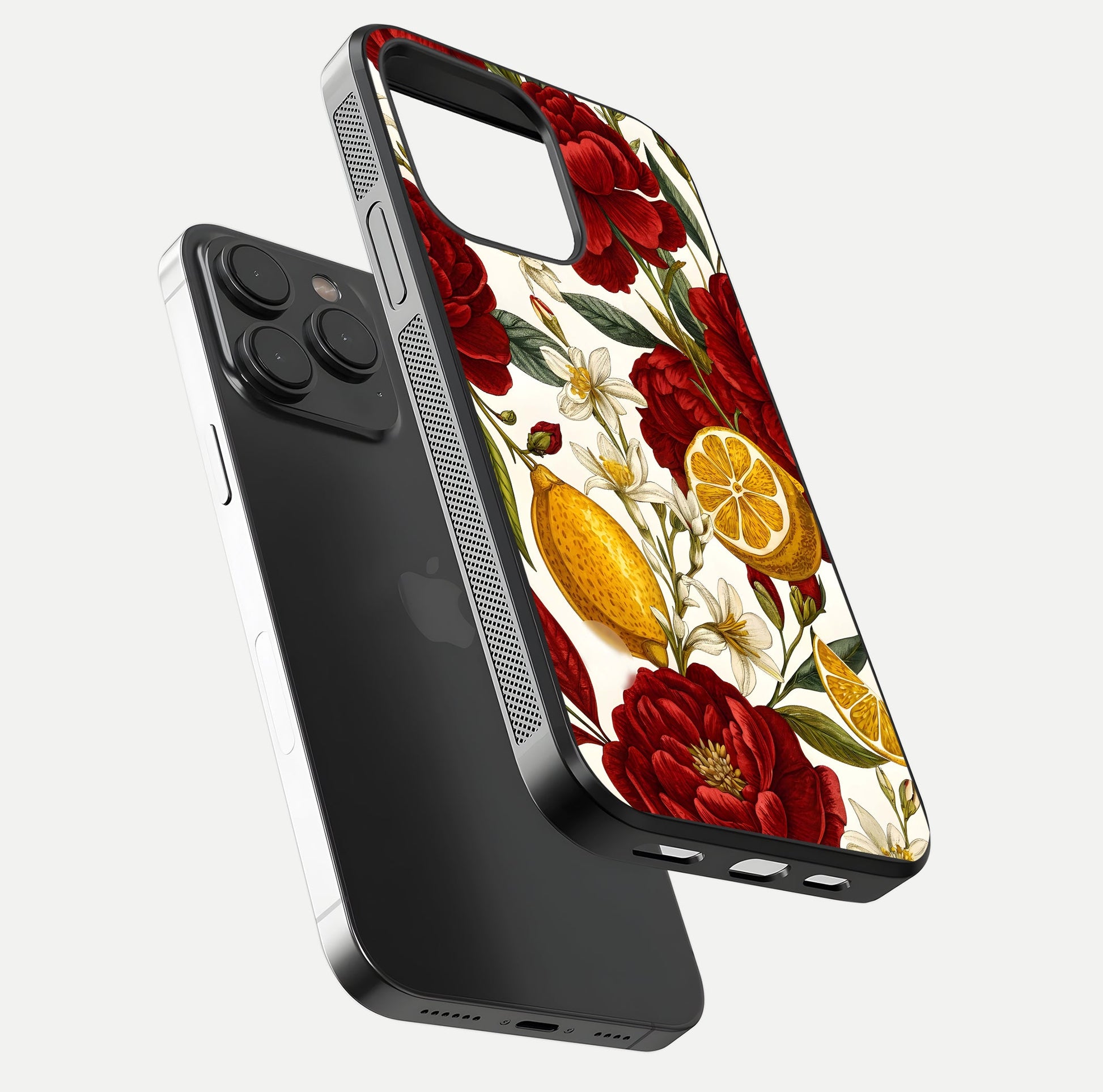 Lemon Rose Charm Glass Case for iPhone 15 Pro floating dual-view mockup showing gloss polish and floral gradient
