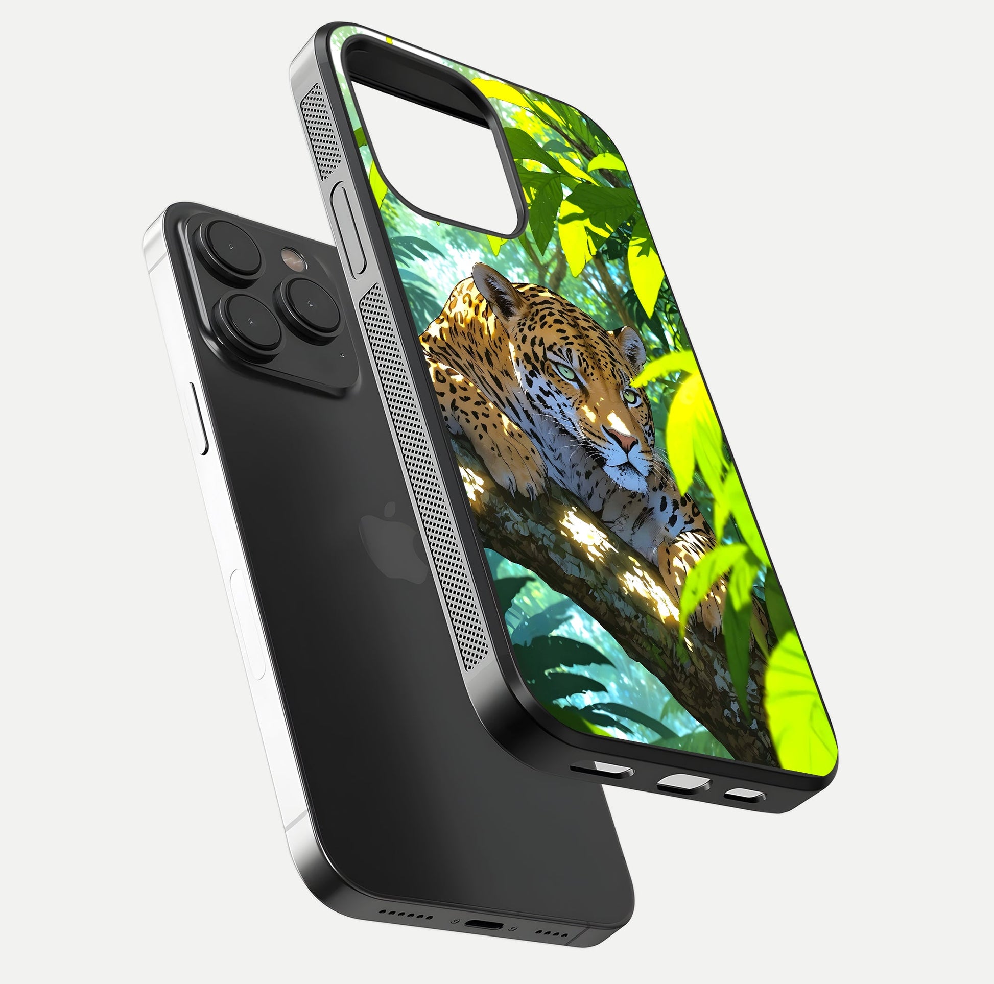 Leopard in Jungle Glass Case for iPhone 15 Pro floating dual-view mockup showing gloss finish and HD wild pattern
