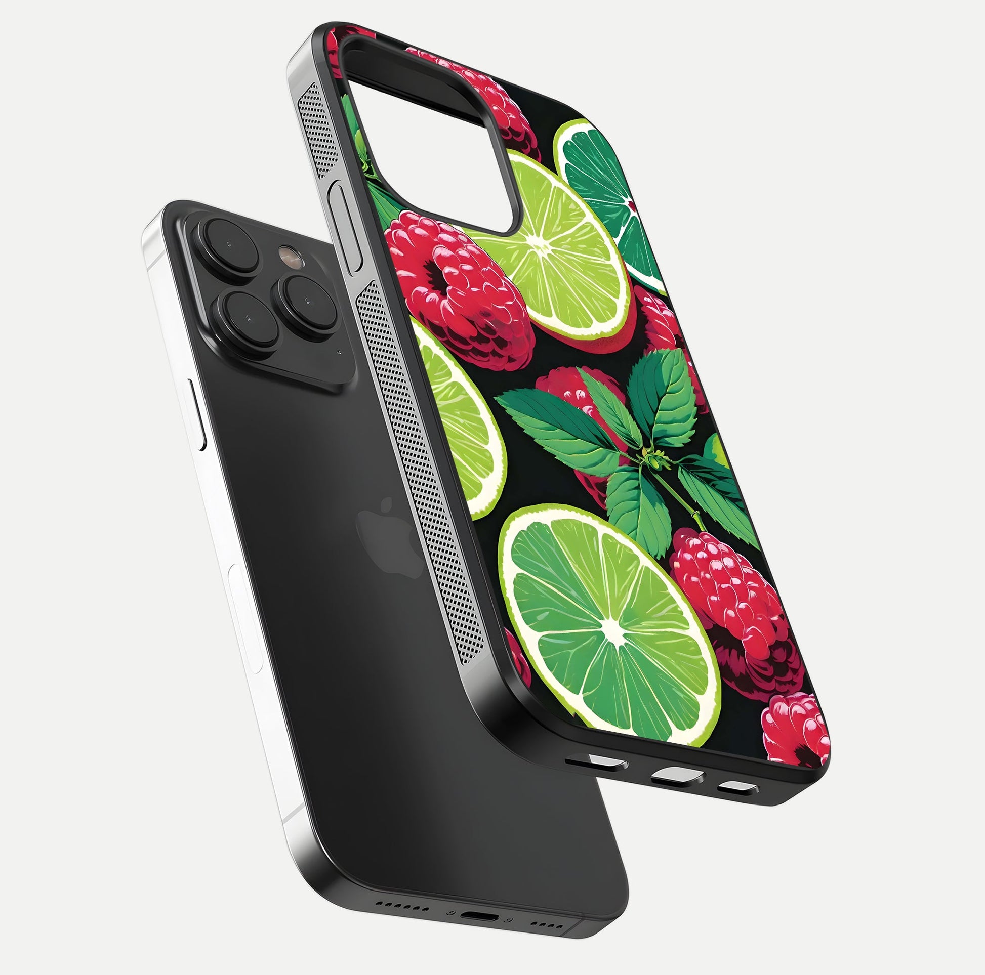 Lime and Raspberry Pattern Glass Case for iPhone 15 Pro floating dual-view showing HD gloss and vivid print