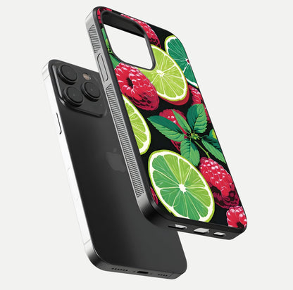 Lime and Raspberry Pattern Glass Case for iPhone 15 Pro floating dual-view showing HD gloss and vivid print