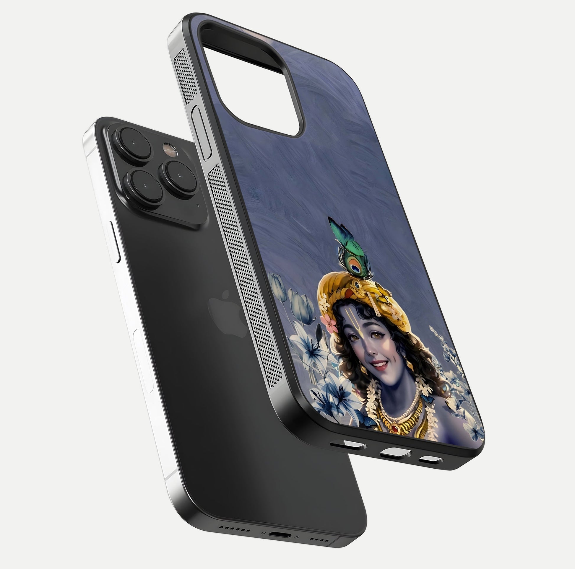 Lord Krishna Glass Case for iPhone 15 Pro floating dual-view showing glossy shine and divine artistic pattern