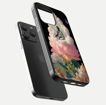 Lotus Divine Peace Glass Case for iPhone 15 Pro floating dual-view mockup with glass glow and spiritual calm art