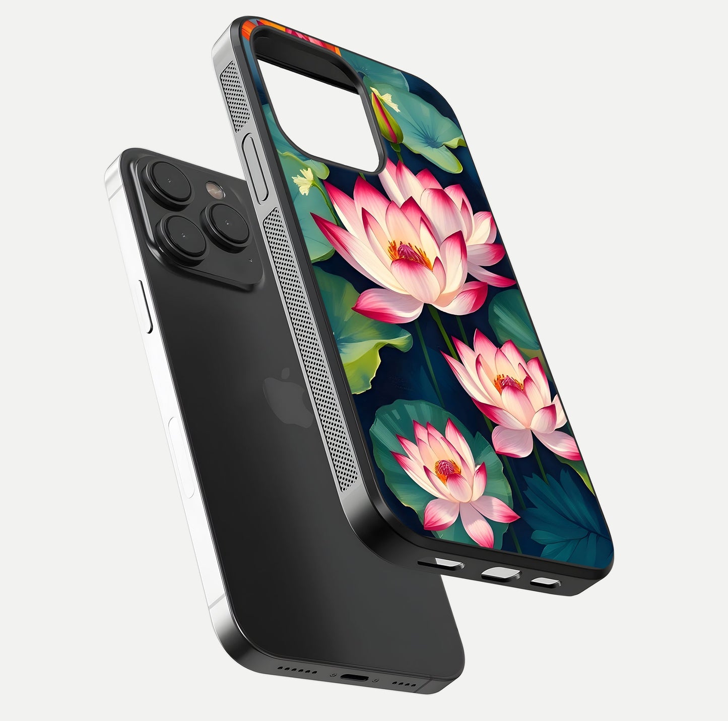 Lotus Dream Serenity Glass Case for iPhone 15 Pro floating dual-view mockup highlighting HD gloss glow