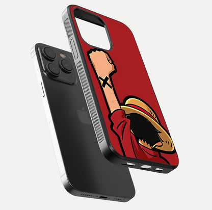 Luffy X Spirit Glass Case for iPhone 15 Pro floating dual-view mockup showing gloss polish and vibrant color depth