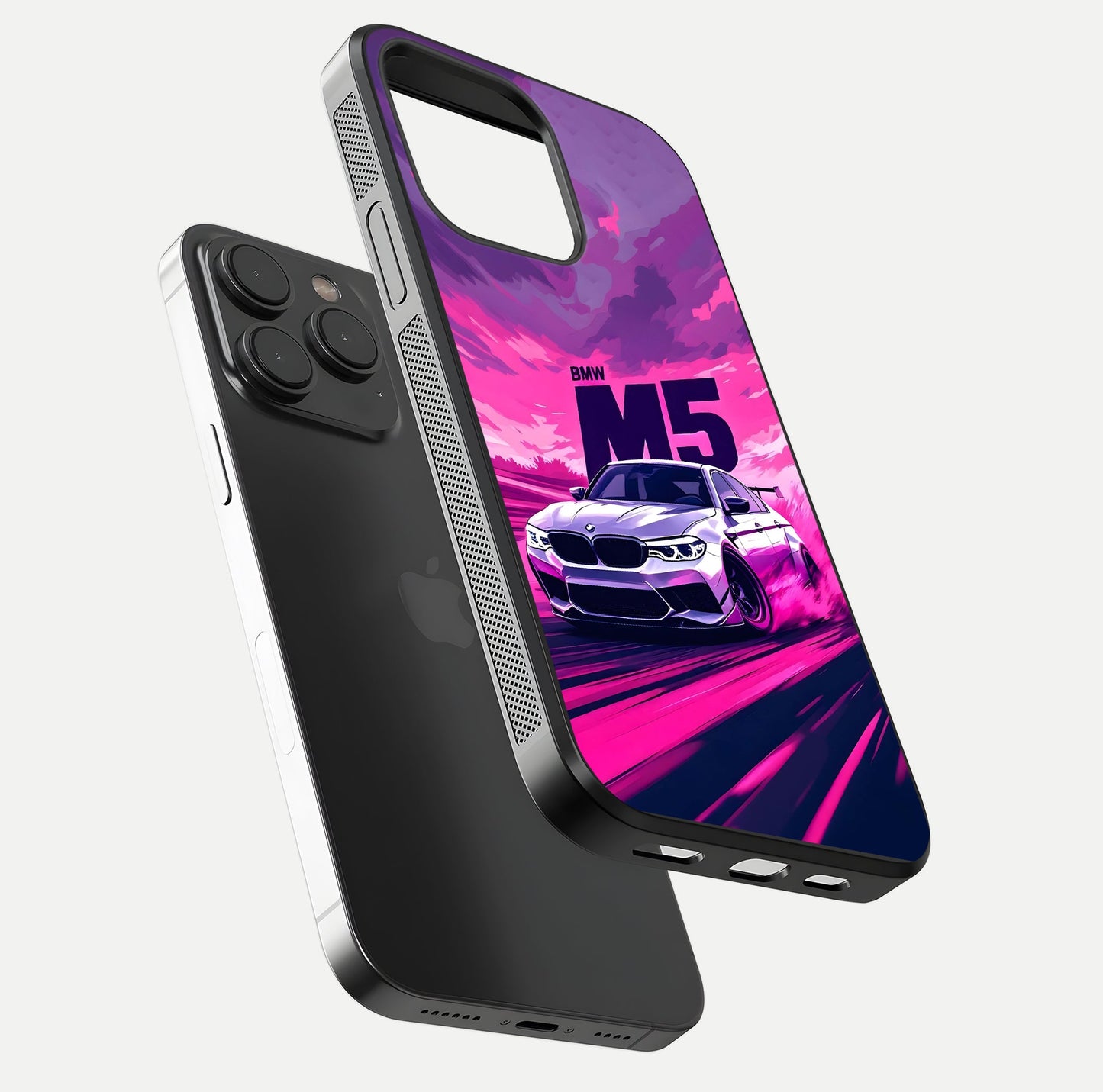 MS Neon Car Glass Case for iPhone 15 Pro floating dual-view mockup showing HD gloss and electric color tones