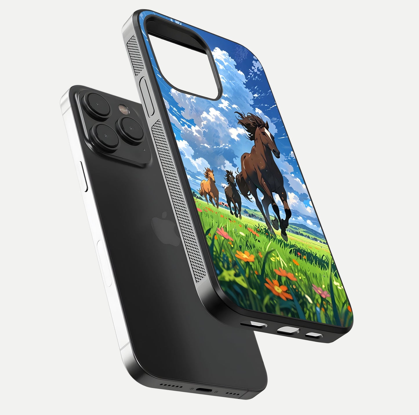 Majestic Horses Galloping Glass Case for iPhone 15 Pro floating dual-view mockup showing gloss texture and vivid tones