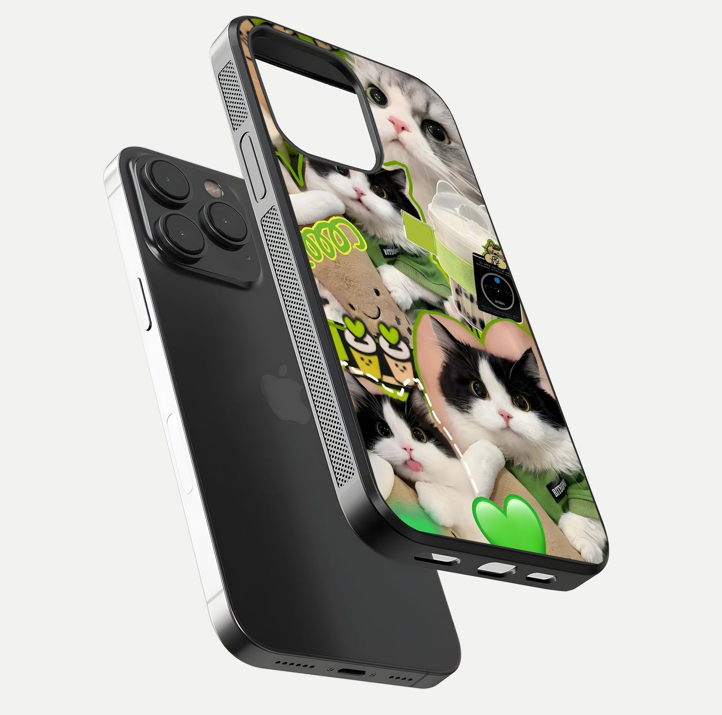 Matcha Cats Mood Glass Case for iPhone 15 Pro floating dual-view mockup showing HD gloss surface and soft tones