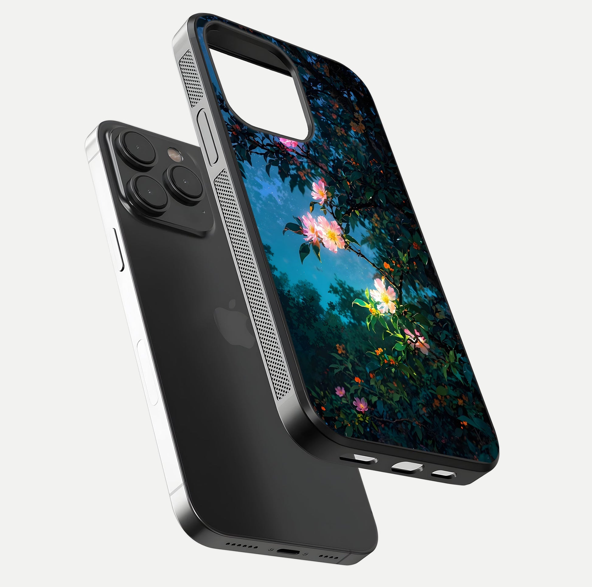 Midnight Bloom Glow Glass Case for iPhone 15 Pro floating dual-view mockup showing HD gloss and floral contrast