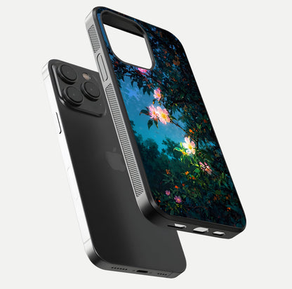 Midnight Bloom Glow Glass Case for iPhone 15 Pro floating dual-view mockup showing HD gloss and floral contrast