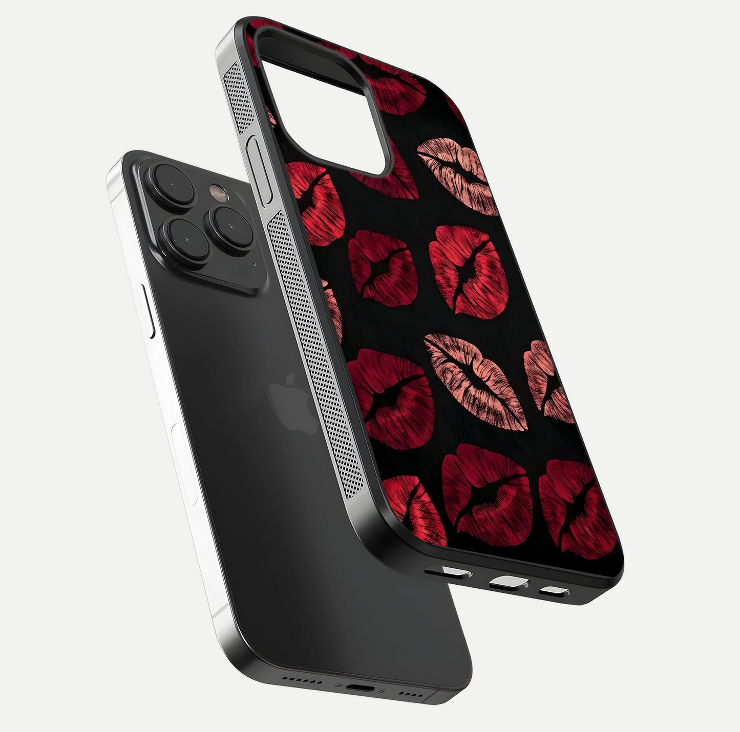 Midnight Kiss Love Glass Case for iPhone 15 Pro floating dual-view mockup showing HD gloss and elegant edge design