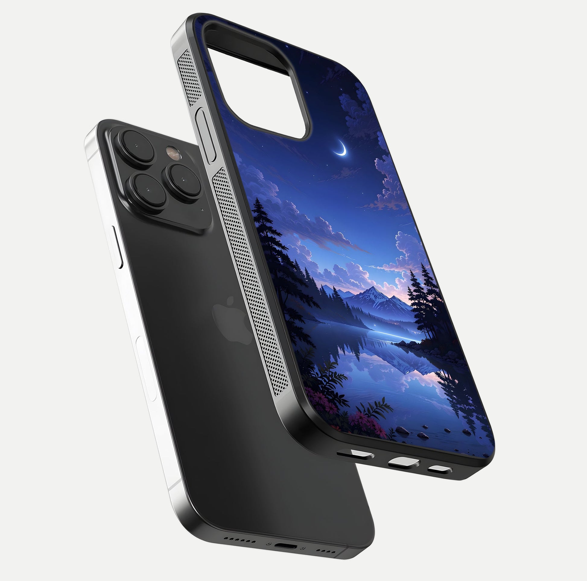Midnight Lake Peace Glass Case for iPhone 15 Pro floating dual-view mockup showing gloss finish and peaceful art